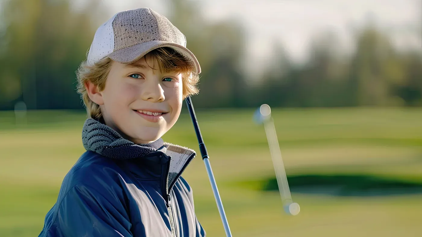 Barn på golflektion på en golfbana