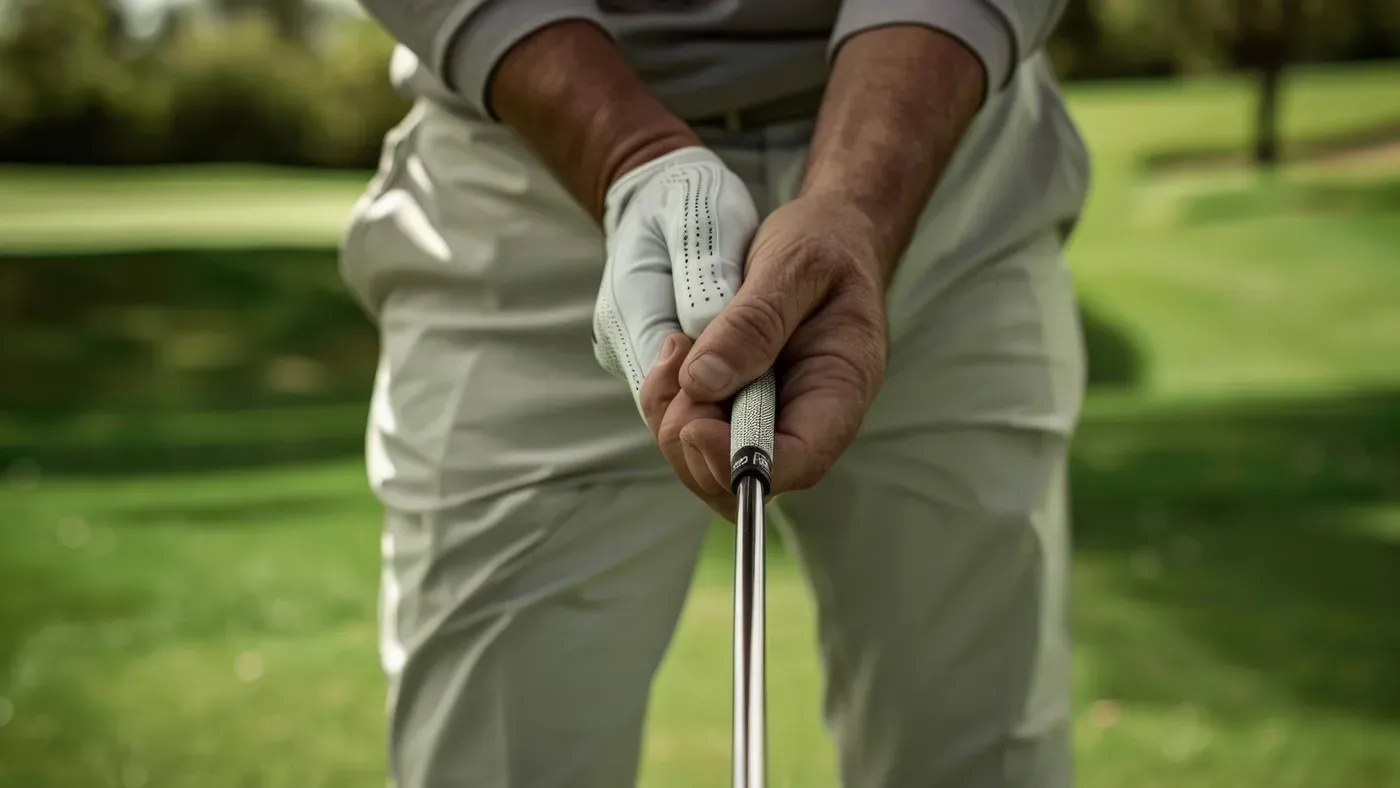 Händer i golfhandske runt greppet på en putter i närbild